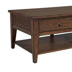 a wooden coffee table with two drawers on one side and an open drawer on the other