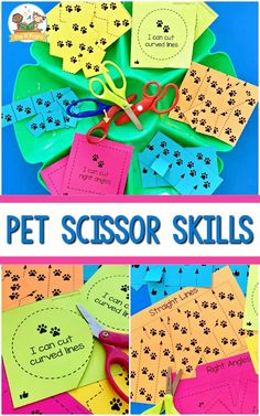 a collage of pictures with scissors and paper cutouts on them, including the words pet