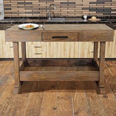 a kitchen island made out of wooden planks