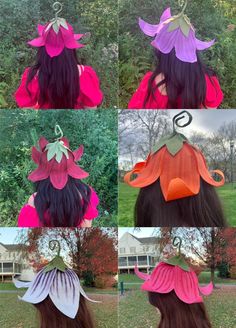 four different pictures of the same woman's head with flowers on it and leaves attached to her hair