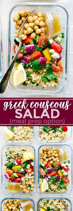 greek couscous salad with lemons, tomatoes and chickpeas in a glass container