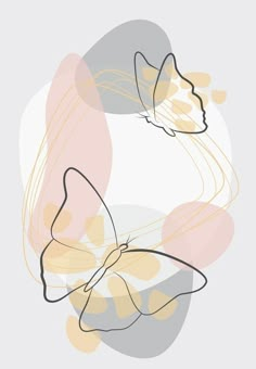 two butterflies flying in the air on a gray background with yellow and pink circles around them