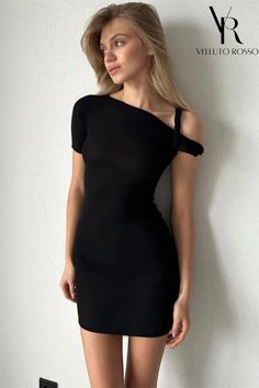 Black mini dress with open shoulder Summer Bodycon Elastane Dresses, Stretch Mini Dress For Day Out, Casual Stretch Bodycon Summer Dress, Trendy Solid Color Dresses For Going Out, Trendy Asymmetrical One-shoulder Dress, Summer One Shoulder Fitted Bodycon Dress, Solid Color Bodycon Midi Dress For Summer, Chic One Shoulder Bodycon Dress, Solid Color Summer Bodycon Midi Dress