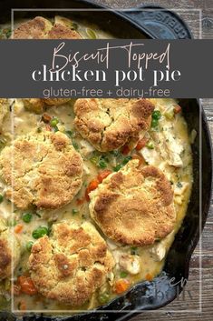 chicken pot pie in a cast iron skillet on a wooden table with text overlay