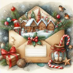 an envelope decorated with christmas decorations and candy canes is sitting in front of a snowy scene