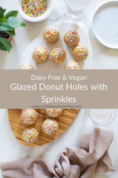 dairy free and vegan glazed donut holes with sprinkles on a plate