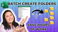 a woman holding her hand up in front of a computer screen with the text batch create folders save hours of work