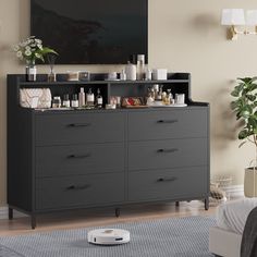 PRICES MAY VARY. 【Double Dresser with Shelves】 Modern black dresser has 6 spacious storage drawers, which can store your clothes, toys, books, or any other personal items, making it easier for you to sort and store clutter! The open shelves and tabletop are perfect to place frequently used items, keeping them in your reach. Overall measures 45.7" (W) x 15.8" (D) x 37" (H). 【Perfect Combination of TV Stand and Drawers】Chest of drawers can be combined with your wall-mounted TV as an entertainment Dresser With Shelves, Black Dresser, Dresser Shelves, Wide Chest Of Drawers, Black Dressers, Beautiful Dresser, Wide Dresser, Wooden Storage Cabinet, Dresser For Bedroom