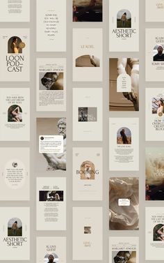 a series of brochures with different images and text on them, all in shades of beige