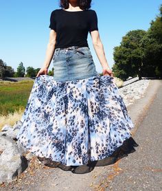 Upcycled Denim Print Chiffon Large Volume Godet Extra Flare Low Waist Long Skirt  Unique Piece. Size Medium / Size 7 / Size 8 / Size 9 Waist: 32" low waist Hip: 38.5" Length: 33.25" We can adjust the length before shipping Model size: 6'4"-6'5", 110lb Welcome to my Youtube channel to see how I create stuff: @sophisticated_stitch My youtube channel: https://www.youtube.com/@sophisticated_stitch *Hat Not included. Silver Color Wide Brim Sun Hat is in other listings in our store. Thanks for choosin Low Waist Long Skirt, Stitch Hat, Denim Print, American Hairstyles, Union City, Wide Brim Sun Hat, African American Hairstyles, Upcycled Denim, Womens Skirts