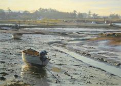 a painting of a boat in the mud on a beach with other boats and houses in the background