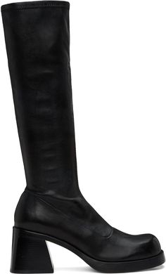 Handcrafted knee-high grained lambskin boots in black. · Square toe · Elasticized collar · Zip closure at inner side · Jersey lining · Stacked leather block heel with rubber injection · Nubuck sole with rubber injection · Heel: H2.75 Supplier color: Black Black Leather Heels Boots, Leather Heels Boots, Leather Boots Heels, Black Boots Tall, Heels Boots, Leather Block Heels, Black Leather Heels, Black Square, Tall Boots