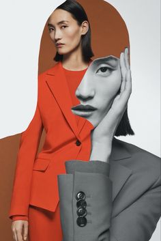 a woman in an orange suit with her hand on her face