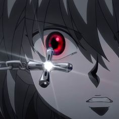 an anime character has red eyes and is holding a chain around his neck with one eye