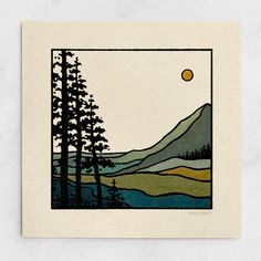 an image of a mountain scene with pine trees and the moon in the sky above