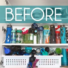 the bottom shelf of a kitchen cabinet filled with cups and other items that have been organized