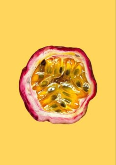 a half eaten pomegranate is shown on a yellow and red background,