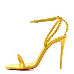 These are authentic CHRISTIAN LOUBOUTIN Patent Calfskin So Me 100 Sandals size 36.5 in Yellow. These stunning sandals are crafted of patent leather in yellow. They feature yellow spikes and 4 inch stiletto heels. Yellow Sandals, Yellow Fits, Christian Louboutin Women, Summer Sun, So Me, Women's Sandals, Summer Shoes, Patent Leather, Calf Skin