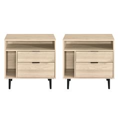 two wooden nightstands with black legs and one is open on the side, both have drawers