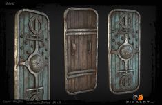 three metal doors with different designs on them and one has a door handle in the middle