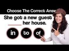 a woman pointing to the right with two circles in front of her and an ad that says, choose the correct answer she got a new guest for her house