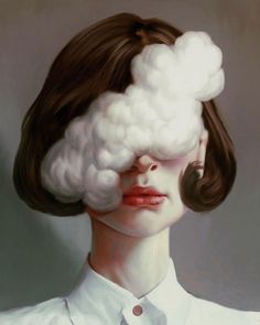 a painting of a woman with clouds on her head