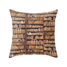 a pillow with bookshelves printed on it