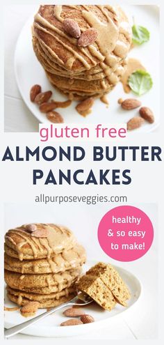 gluten free almond butter pancakes on a white plate with text overlay that reads gluten free almond butter pancakes