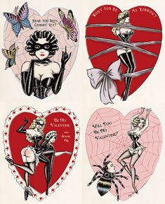 four valentine's day cards with ladybugs, spiderman and heart shapes