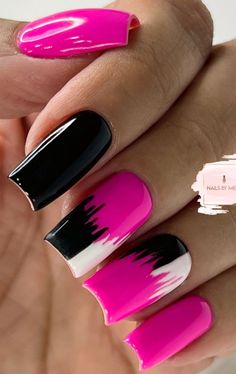 Nail Designs Hot Pink, Rocker Nails, Pink Black Nails, Art Designs Ideas, 2024 Nails, Pink Gel Nails, Hot Pink Nails, Hot Pink And Black