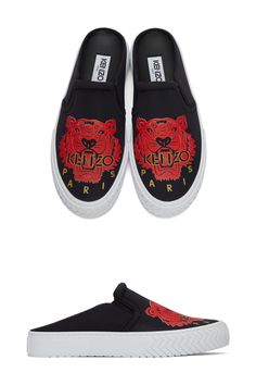 Kenzo Black Limited Edition Chinese New Year Neoprene K-Skate Mule Sneakers. Low-top neoprene slip-on sneakers in black. Round toe. Logo graphic bonded in red and gold-tone at vamp. Elasticized gussets at tongue. Tonal textile lining. Mule Sneakers, Black Tiger, Red And Gold, Vans Classic Slip On Sneaker, Logo Graphic