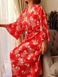 Luxury red floral silk dressing gown, pure silk kimono robe for women, wide sleeve print kimono dress, loose style, mid-calf leght, silky fabric with really good feeling, you will look so elegant charming. Excellent silk fabric improve sleep well. Perfect for bride bridesmaid gift, birthday gift, holiday, enjoin morning coffee time. . Style: dressing gown, long robe, nightdress, night gown, nightwear, PJs, kimono robe, bathrobe, spa robe, boho cardigan top, beach cover up, pajamas, loungewear fo Red V-neck Sleepwear For Spring, Spring Long Robe For Home, Long Spring Robe For Home, Elegant Spring Kimono For Home, Spring Sleepwear With Kimono Sleeves, Red Floral Print Sleepwear For Spring, Long Kimono For Home, Red Spring Robe For Loungewear, Spring Wedding Sleepwear With Kimono Sleeves