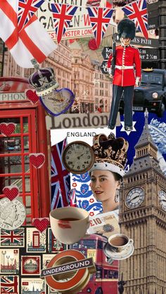 the collage has many different pictures and symbols on it, including a british flag