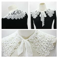 three different views of the neck and collar of a woman's dress with lace on it