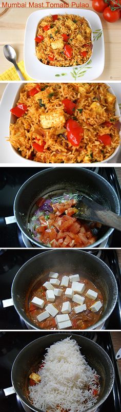 four different types of food being cooked in pans