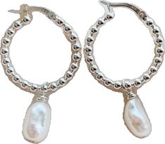 Olivia Silver Pearl Beaded Hoop Earrings - Adorned by Ruth Elegant Sterling Silver Hoop Earrings With Round Beads, White Gold Hoop Earrings With Pearl Drop, Silver Small Hoop Earrings With Pearl Charm, Small Hoop Sterling Silver Pearl Earrings With Pearl Charm, Small Silver Hoop Earrings With Pearl Charm, Silver Teardrop Pearl Hoop Earrings, Pearl Teardrop Hoop Earrings With Pearl Drop, Silver Teardrop Hoop Earrings With Pearl Charm, Silver Hoop Earrings With Pearl Charm