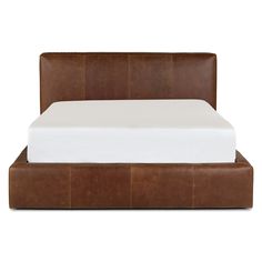 a bed with brown leather headboard and foot board on white background, side view