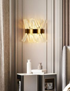 a modern light fixture in the corner of a room