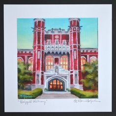 a painting of a large building with many windows and arches on the front, surrounded by greenery