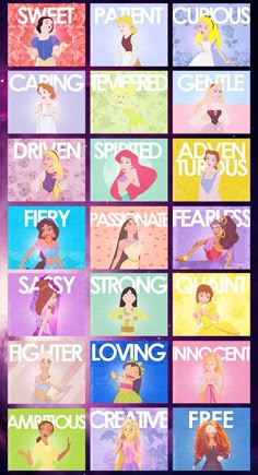 the disney princesses are all in different colors and font styles, including pink, blue,