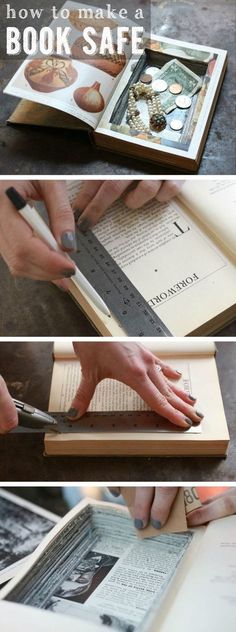 someone is using a pair of scissors to cut through an old book