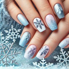 Blue Snowflake Nail Design, Blue Winter Nails Snowflakes, Nail Design For Christmas, Nail Designs Xmas, Blue Snowflake Nails, Nails Winter Christmas, Winter Christmas Nails, Winter Nails Christmas, Snowflake Art