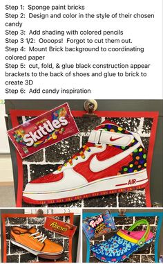 the instructions for how to make an air force 1 sneaker with candy bar wrappers