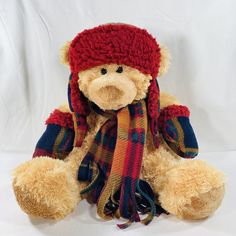 St. Jude HugFun 17” Plush Tan Teddy Bear Red Plaid Hat & Scarf & Mittens. Legs mounted forward for sitting. Can balance but sits best when resting up against a backing. JT012 Plaid Hat, Rest Up, Plaid Hats, St Jude, Hat Scarf, Red Plaid, Teddy Bear, Plaid, Toys