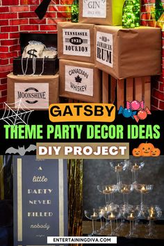 DIY Great Gatsby Decorations | Great Gatsby Party Great Gatsby Bar Decor, 1920 Party Decorations Diy, Speakeasy Party Decorations Diy, 1920 Speakeasy Party, 1920s Decorations Roaring 20s, Gatsby Halloween Party, Diy Gatsby Decorations, Speak Easy Decorations