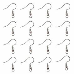 a set of twelve pairs of metal hooks with rings hanging from each hook, isolated against a white background