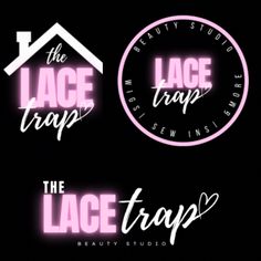 the lace trapp logo is shown in three different colors and font styles, including pink