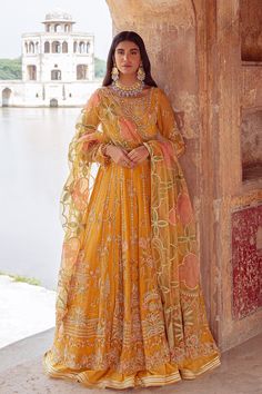 Elegant Mustard Floral Embellished Pakistani Wedding Dress in Frock Style Yellow Pakistani Dress, Pointed Sleeves, Hanging Tassels, Royal Indian, Frock Style, Pakistani Wedding Dress, Pakistani Wedding Dresses, Anarkali Suits