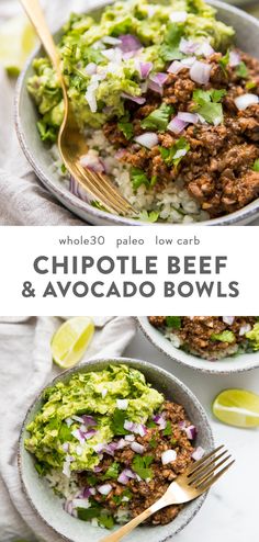 two bowls filled with chipotle beef and avocado bowls