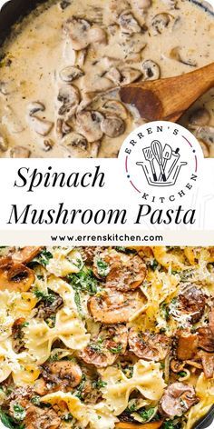 spinach mushroom pasta in a skillet with a wooden spoon on the side and an advertise for spinach mushroom pasta